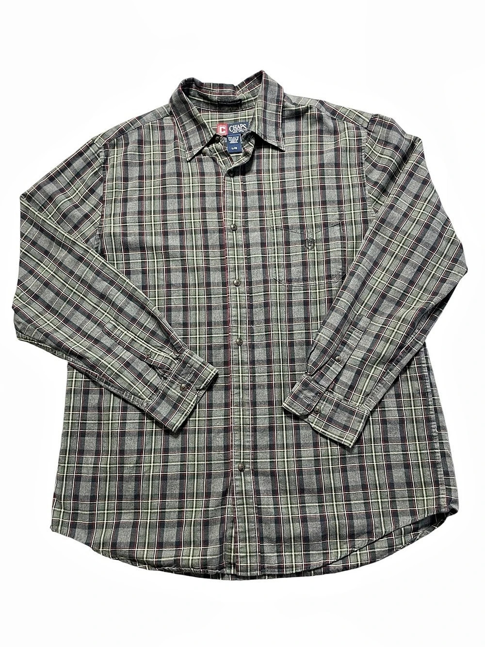 Chaps Cotton Herringbone Plaid Long Sleeve Button-Down Shirt Men's Large